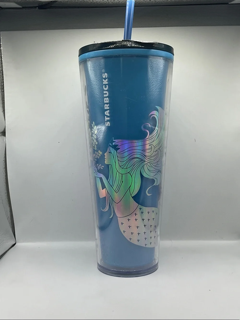 Starbucks Blue Tumbler with Iridescent Mermaid Art and Blue Straw